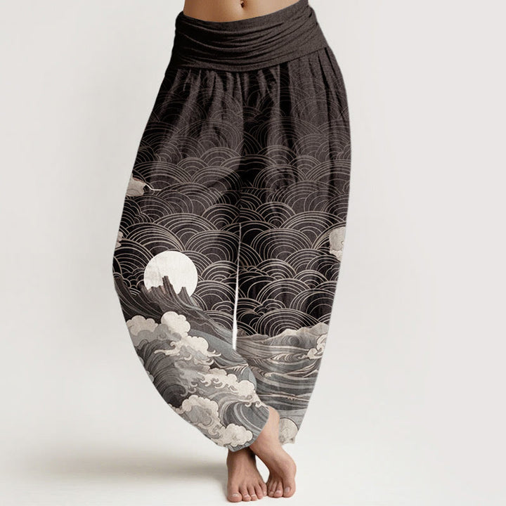 Pantaloni harem da donna con elastico in vita, motivo a onde, luna e montagne, in cotone, casual, con Buddha Stones - Nero - US22, UK/AU26, EU54 (6XL) - image 0