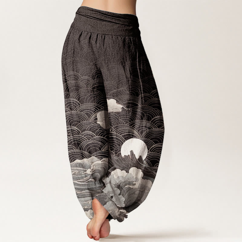 Pantaloni harem da donna con elastico in vita, motivo a onde, luna e montagne, in cotone, casual, con Buddha Stones - image 1