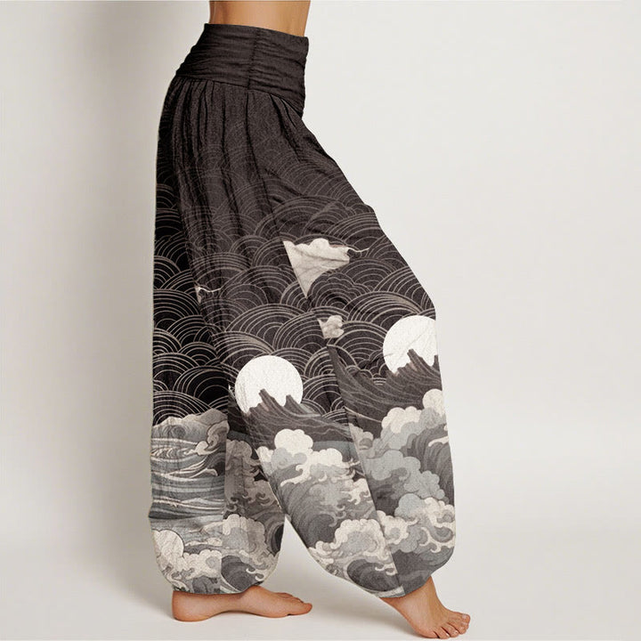 Pantaloni harem da donna con elastico in vita, motivo a onde, luna e montagne, in cotone, casual, con Buddha Stones - image 2