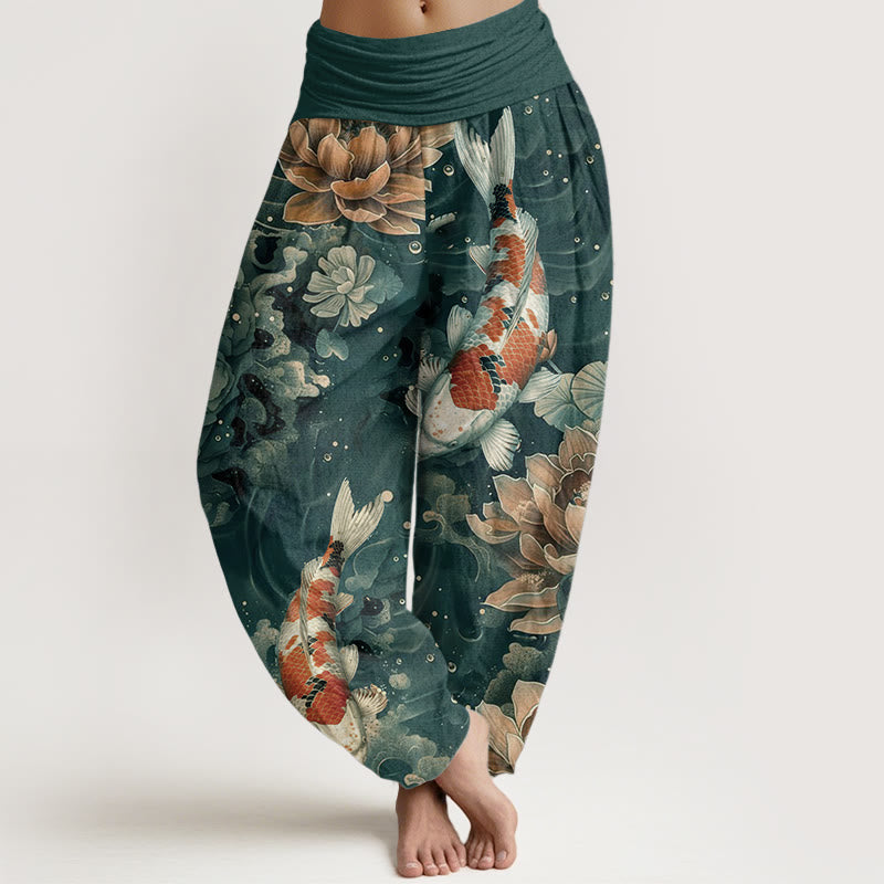 Pantaloni harem da donna con elastico in vita, in cotone, con motivo a Buddha Stones koi colorati e fiori di loto - VerdeMare Chiaro - US22, UK/AU26, EU54 (6XL) - image 0