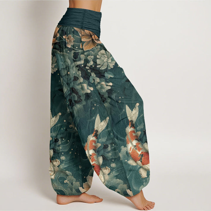 Pantaloni harem da donna con elastico in vita, in cotone, con motivo a Buddha Stones koi colorati e fiori di loto - image 2