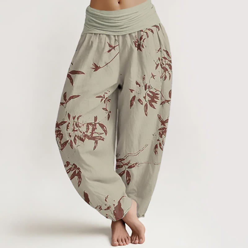 Pantaloni harem da donna con elastico in vita e motivo a rami di cotone con Buddha Stones - Cachi - US22, UK/AU26, EU54 (6XL) - image 0