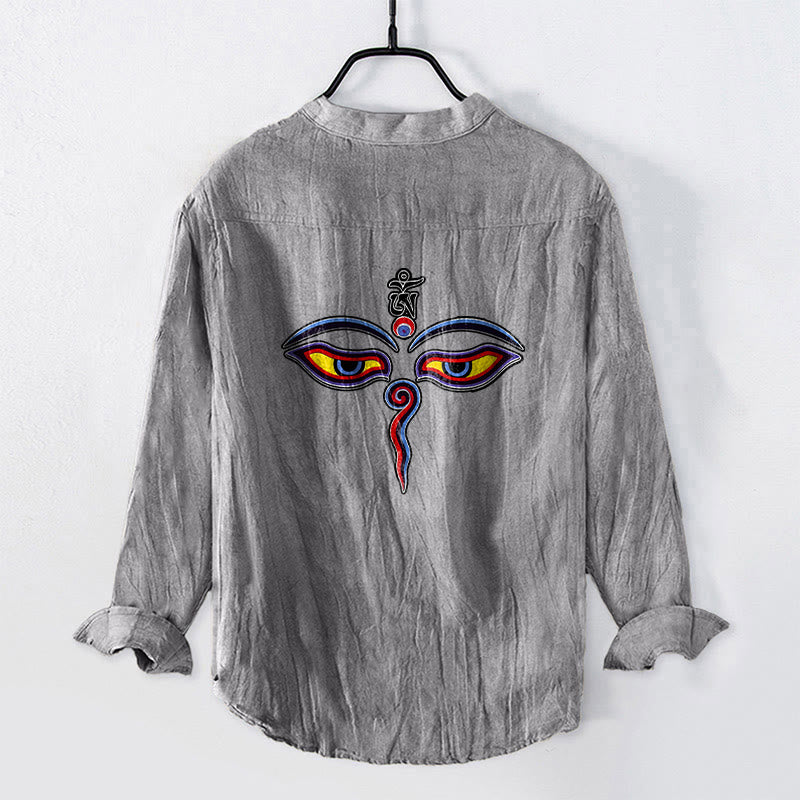 Camicia da uomo in cotone e lino a maniche lunghe con motivo a bottoni mezzi, simbolo Om Buddha Stones - image 2