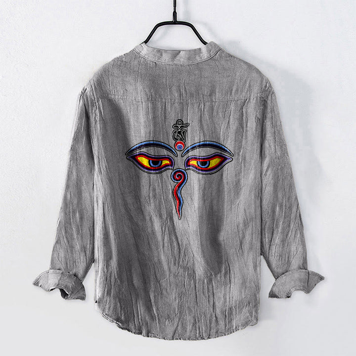 Camicia da uomo in cotone e lino a maniche lunghe con motivo a bottoni mezzi, simbolo Om Buddha Stones - image 2