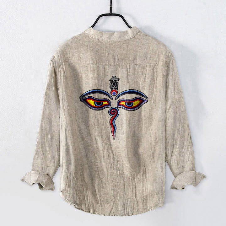 Camicia da uomo in cotone e lino a maniche lunghe con motivo a bottoni mezzi, simbolo Om Buddha Stones - image 4
