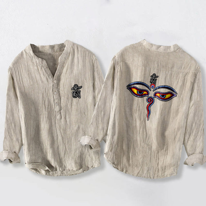 Camicia da uomo in cotone e lino a maniche lunghe con motivo a bottoni mezzi, simbolo Om Buddha Stones - Biancheria - US/UK/AU50, EU60 (5XL) - image 3