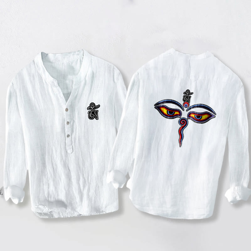 Camicia da uomo in cotone e lino a maniche lunghe con motivo a bottoni mezzi, simbolo Om Buddha Stones - Bianco - US/UK/AU50, EU60 (5XL) - image 6