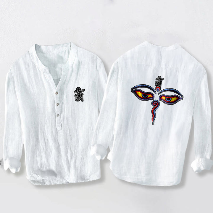 Camicia da uomo in cotone e lino a maniche lunghe con motivo a bottoni mezzi, simbolo Om Buddha Stones - Bianco - US/UK/AU50, EU60 (5XL) - image 6