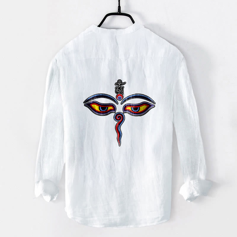 Camicia da uomo in cotone e lino a maniche lunghe con motivo a bottoni mezzi, simbolo Om Buddha Stones - image 8
