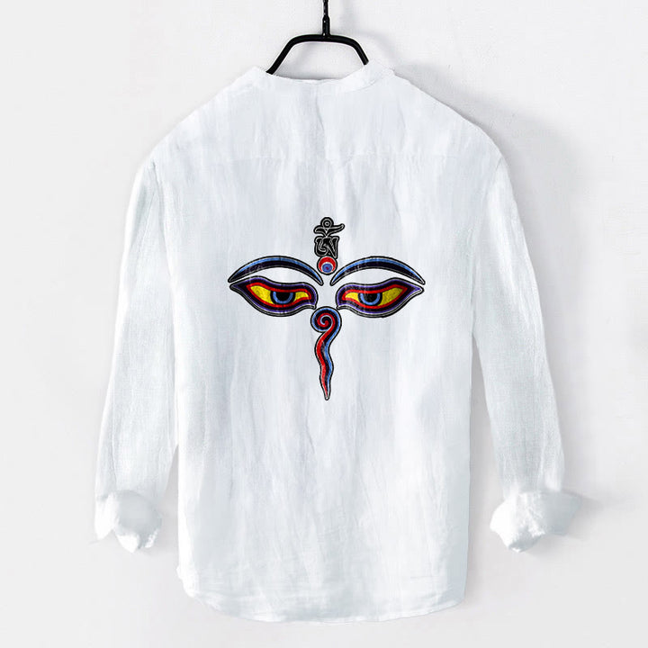 Camicia da uomo in cotone e lino a maniche lunghe con motivo a bottoni mezzi, simbolo Om Buddha Stones - image 8