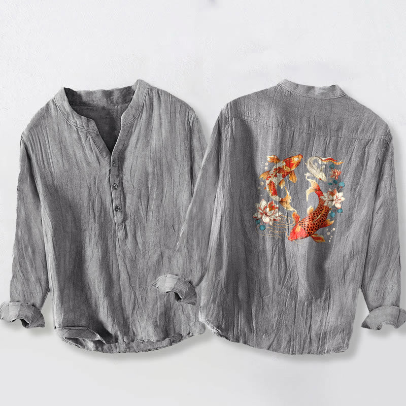 Camicia da uomo in cotone e lino a maniche lunghe con bottoni a metà, motivo Buddha Stones, pesci koi luminosi e loto - image 2