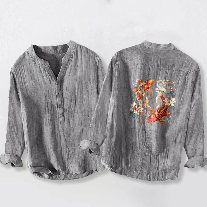 Camicia da uomo in cotone e lino a maniche lunghe con bottoni a metà, motivo Buddha Stones, pesci koi luminosi e loto - image 2