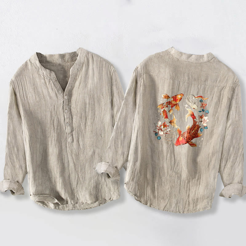Camicia da uomo in cotone e lino a maniche lunghe con bottoni a metà, motivo Buddha Stones, pesci koi luminosi e loto - image 5