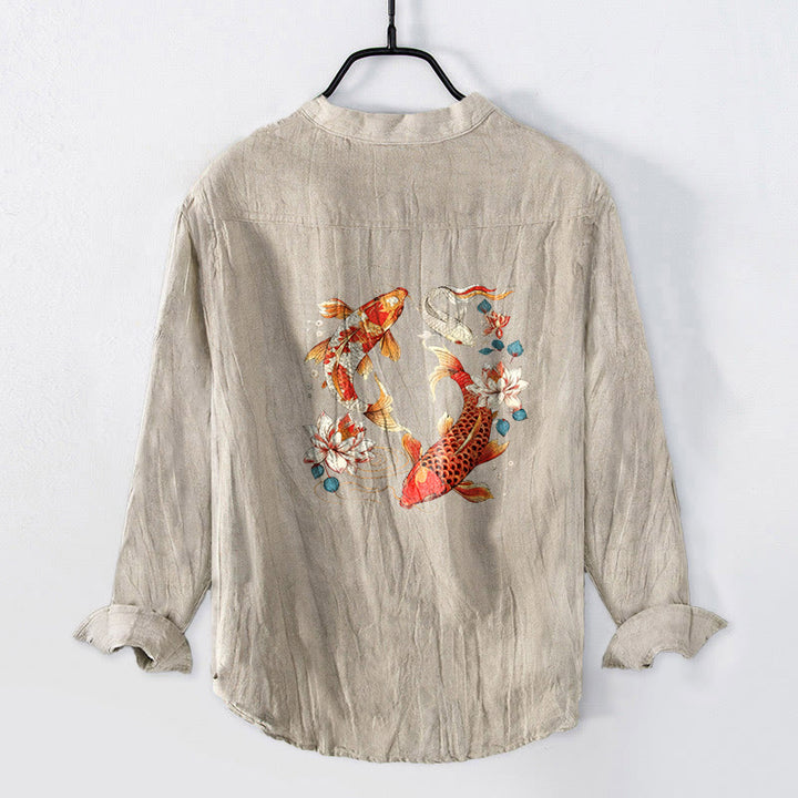 Camicia da uomo in cotone e lino a maniche lunghe con bottoni a metà, motivo Buddha Stones, pesci koi luminosi e loto - Biancheria - US/UK/AU50, EU60 (5XL) - image 3