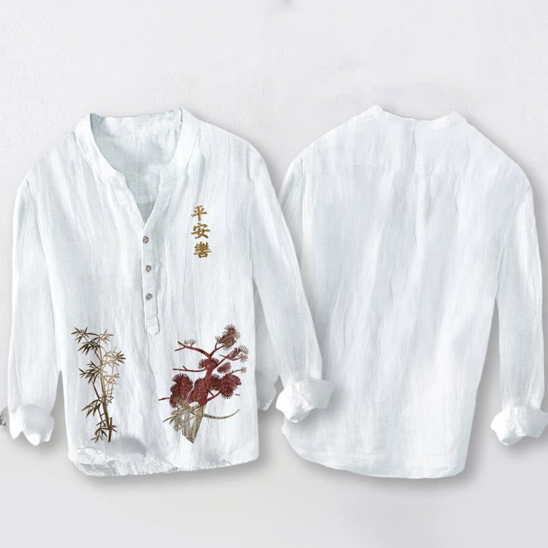 Camicia da uomo in cotone e lino a maniche lunghe con bottoni mezzi, caratteri cinesi, Buddha Stones e bambù - image 2