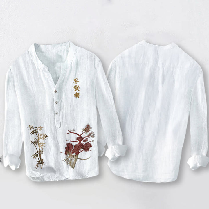 Camicia da uomo in cotone e lino a maniche lunghe con bottoni mezzi, caratteri cinesi, Buddha Stones e bambù - image 2