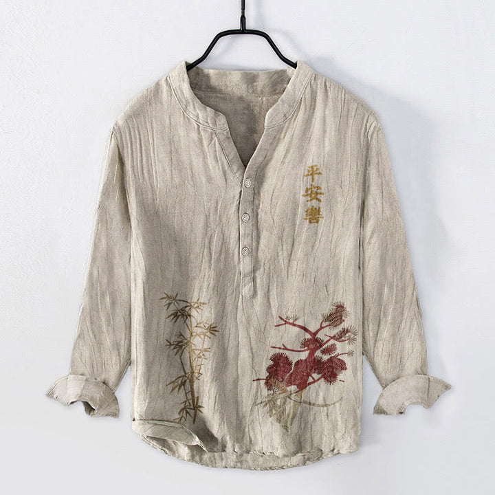 Camicia da uomo in cotone e lino a maniche lunghe con bottoni mezzi, caratteri cinesi, Buddha Stones e bambù - Biancheria - US/UK/AU50, EU60 (5XL) - image 3