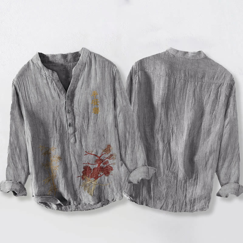 Camicia da uomo in cotone e lino a maniche lunghe con bottoni mezzi, caratteri cinesi, Buddha Stones e bambù - image 8