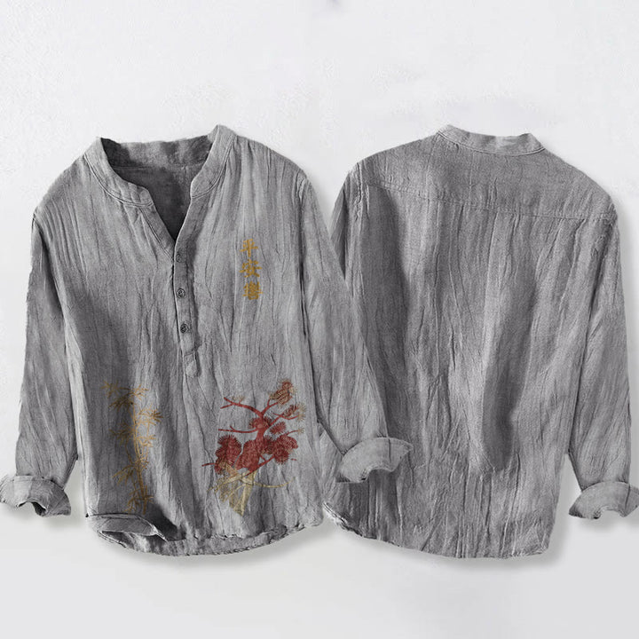 Camicia da uomo in cotone e lino a maniche lunghe con bottoni mezzi, caratteri cinesi, Buddha Stones e bambù - image 8