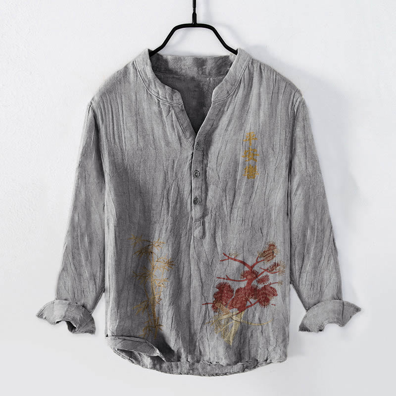 Camicia da uomo in cotone e lino a maniche lunghe con bottoni mezzi, caratteri cinesi, Buddha Stones e bambù - Grigio - US/UK/AU50, EU60 (5XL) - image 6