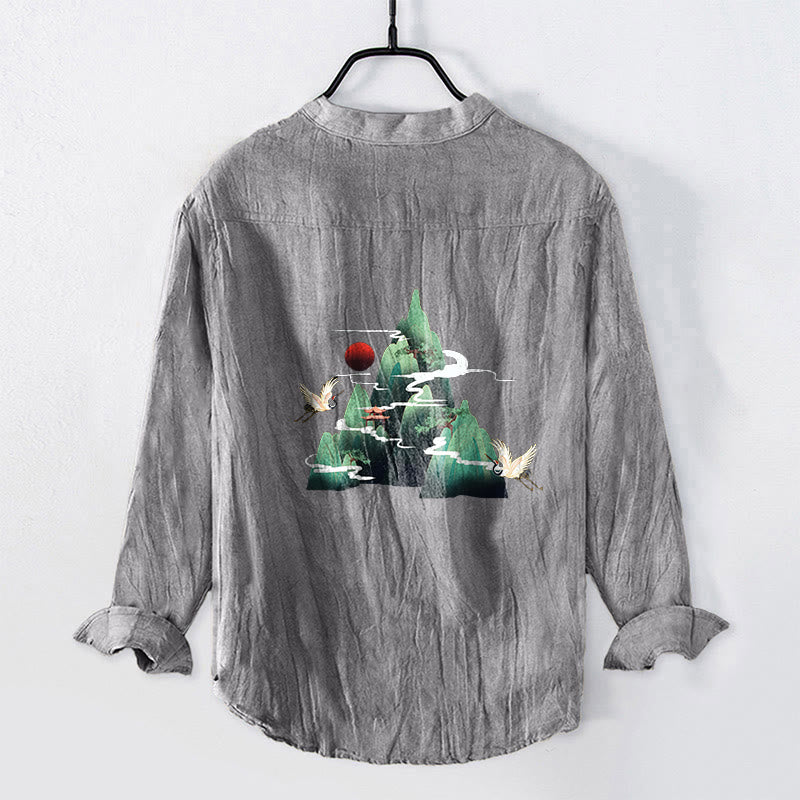 Camicia da uomo in cotone e lino a maniche lunghe con motivo a gru di montagna, sole rosso, Buddha Stones - image 2
