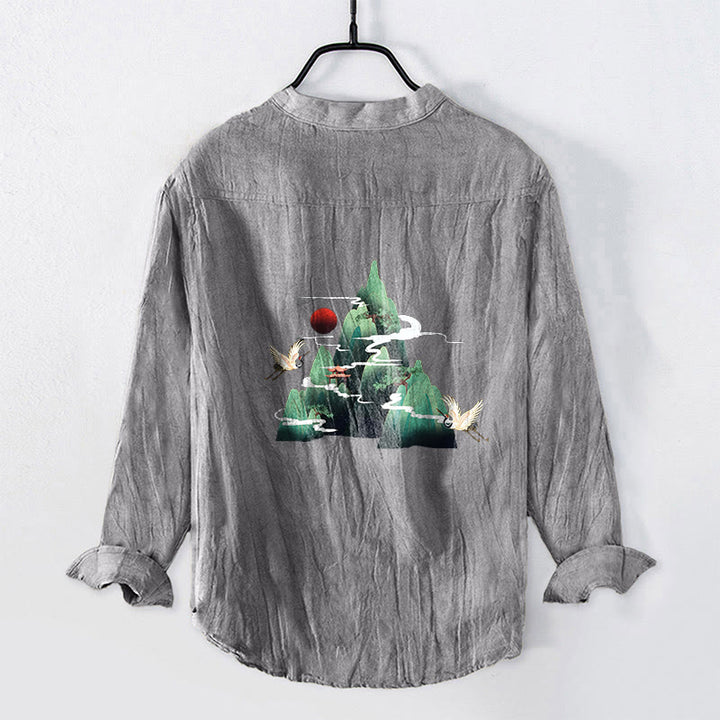 Camicia da uomo in cotone e lino a maniche lunghe con motivo a gru di montagna, sole rosso, Buddha Stones - image 2