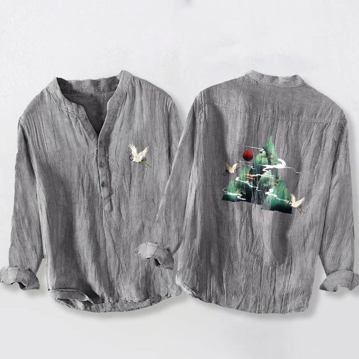 Camicia da uomo in cotone e lino a maniche lunghe con motivo a gru di montagna, sole rosso, Buddha Stones - Grigio - US/UK/AU50, EU60 (5XL) - image 0