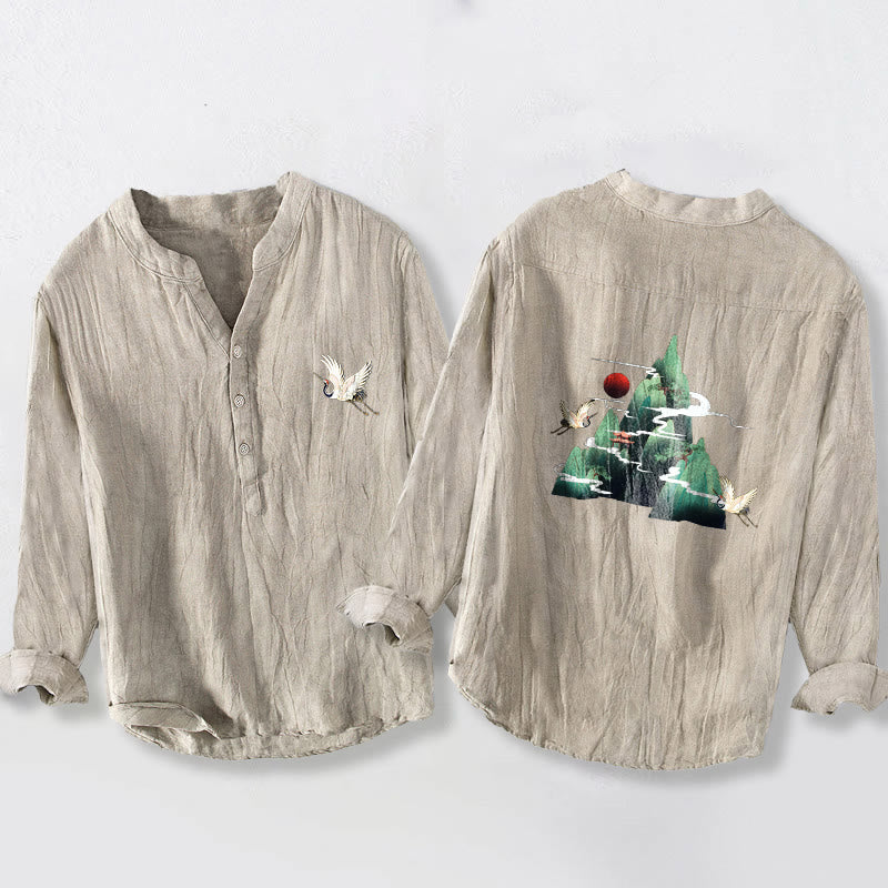 Camicia da uomo in cotone e lino a maniche lunghe con motivo a gru di montagna, sole rosso, Buddha Stones - Biancheria - US/UK/AU50, EU60 (5XL) - image 3