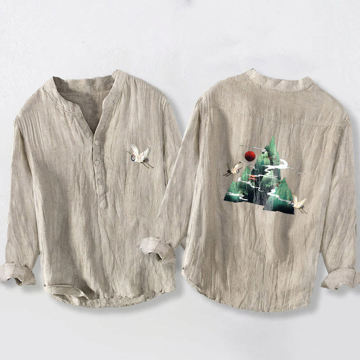 Camicia da uomo in cotone e lino a maniche lunghe con motivo a gru di montagna, sole rosso, Buddha Stones - Biancheria - US/UK/AU50, EU60 (5XL) - image 3