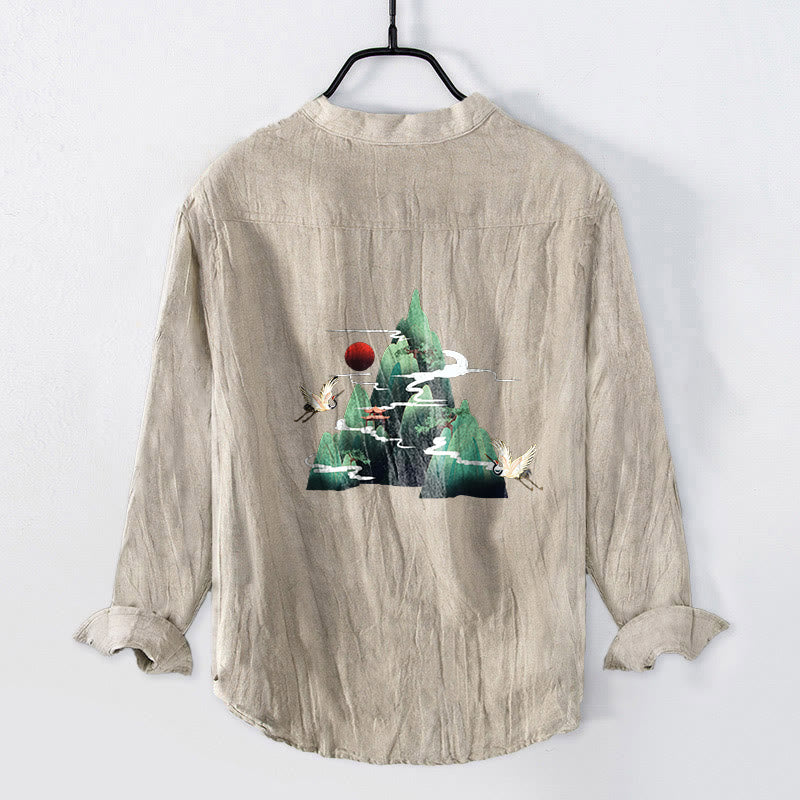 Camicia da uomo in cotone e lino a maniche lunghe con motivo a gru di montagna, sole rosso, Buddha Stones - image 5