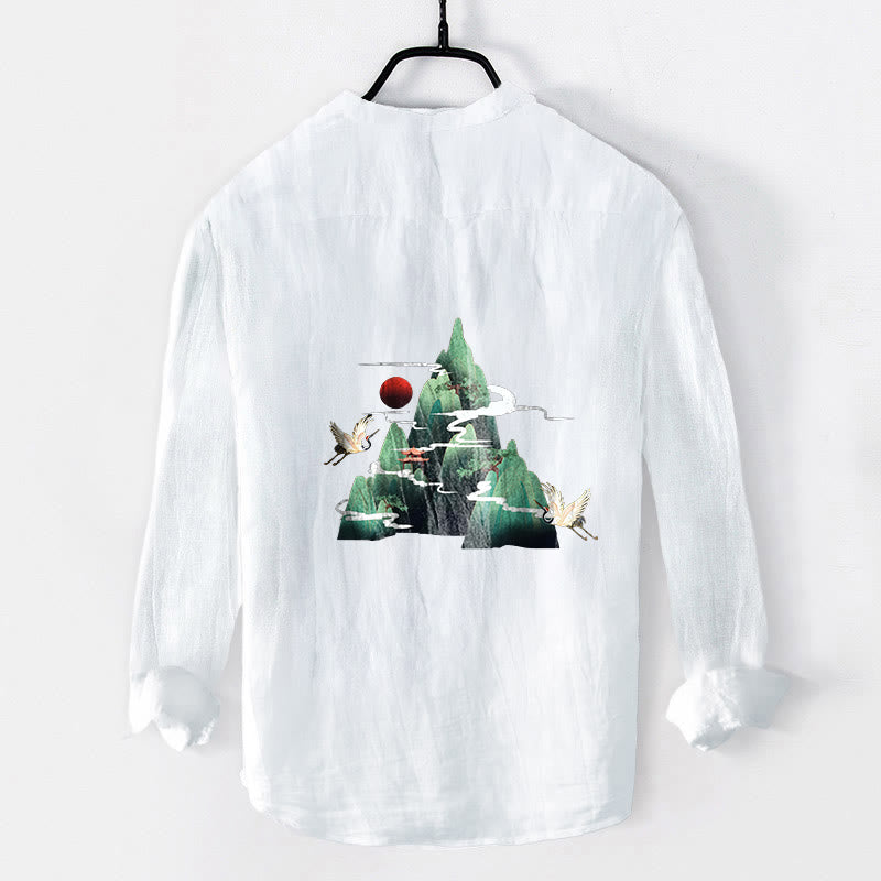 Camicia da uomo in cotone e lino a maniche lunghe con motivo a gru di montagna, sole rosso, Buddha Stones - image 8