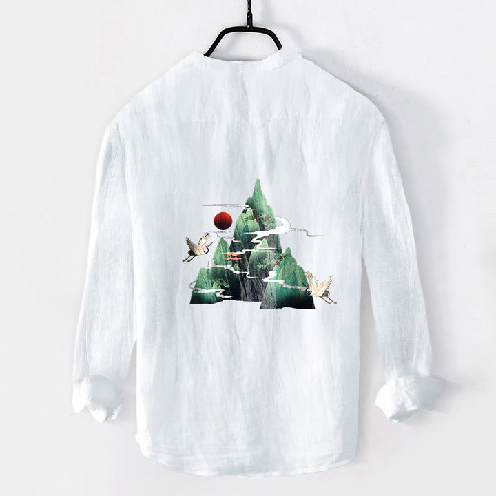 Camicia da uomo in cotone e lino a maniche lunghe con motivo a gru di montagna, sole rosso, Buddha Stones - image 8