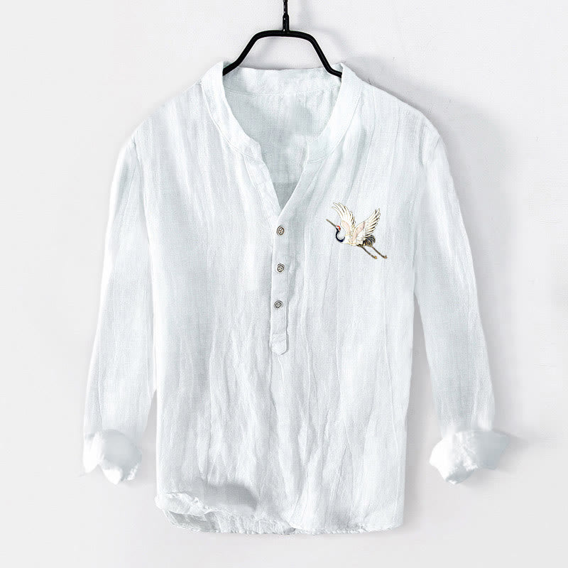 Camicia da uomo in cotone e lino a maniche lunghe con motivo a gru di montagna, sole rosso, Buddha Stones - image 7