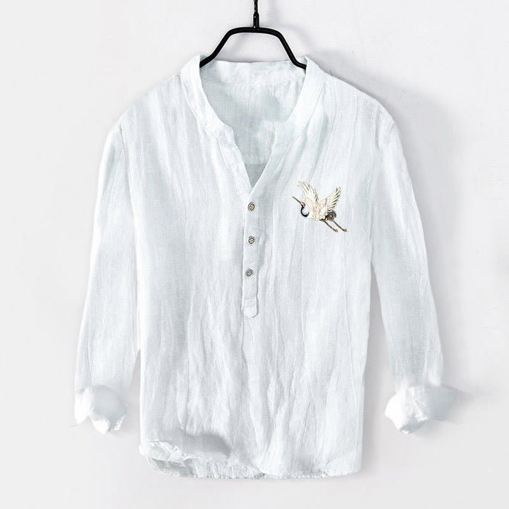 Camicia da uomo in cotone e lino a maniche lunghe con motivo a gru di montagna, sole rosso, Buddha Stones - image 7