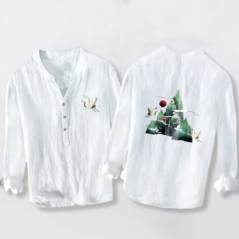 Camicia da uomo in cotone e lino a maniche lunghe con motivo a gru di montagna, sole rosso, Buddha Stones - Bianco - US/UK/AU50, EU60 (5XL) - image 6