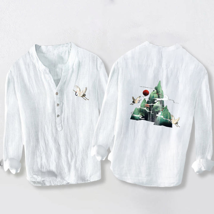 Camicia da uomo in cotone e lino a maniche lunghe con motivo a gru di montagna, sole rosso, Buddha Stones - Bianco - US/UK/AU50, EU60 (5XL) - image 6