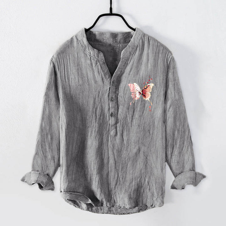 Camicia da uomo in cotone e lino a maniche lunghe con motivo a farfalla, motivo Buddha Stones, motivo Plum Bossom, bottoni a metà - image 1