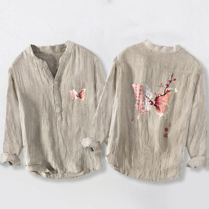 Camicia da uomo in cotone e lino a maniche lunghe con motivo a farfalla, motivo Buddha Stones, motivo Plum Bossom, bottoni a metà - Biancheria - US/UK/AU50, EU60 (5XL) - image 3