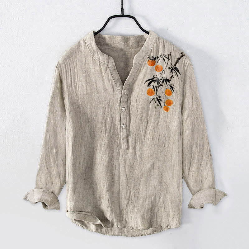 Buddha Stones da uomo in cotone e lino a maniche lunghe con elegante motivo di alberi d'arancio e bottoni a metà - Biancheria - US/UK/AU50, EU60 (5XL) - image 0