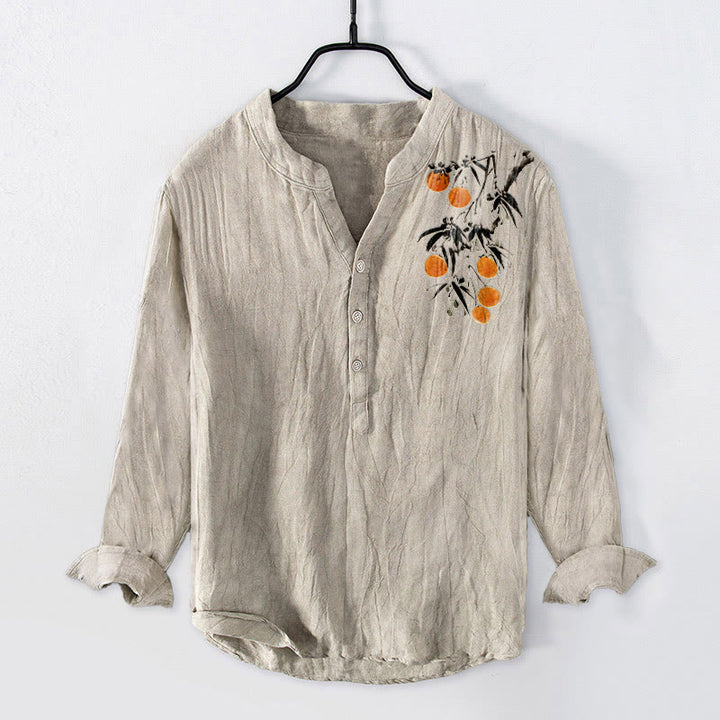 Buddha Stones da uomo in cotone e lino a maniche lunghe con elegante motivo di alberi d'arancio e bottoni a metà - Biancheria - US/UK/AU50, EU60 (5XL) - image 0