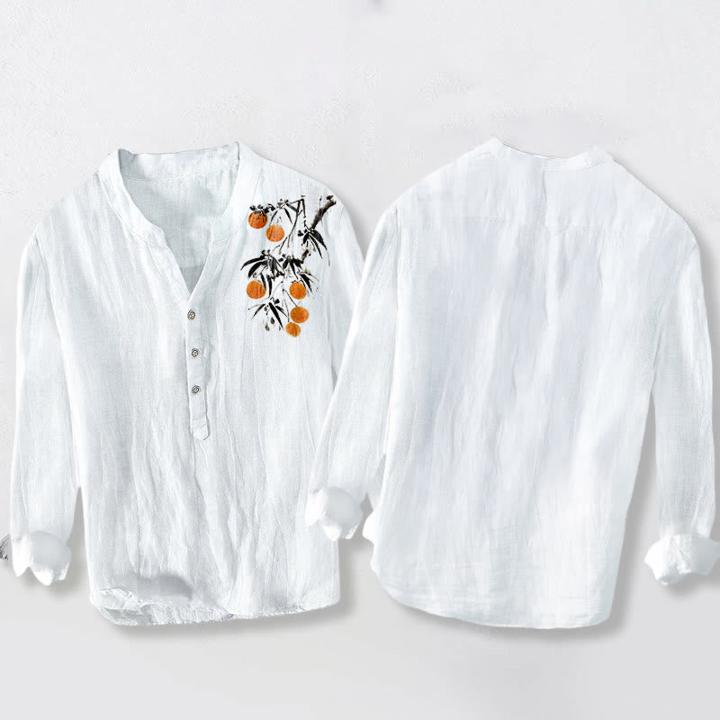 Buddha Stones da uomo in cotone e lino a maniche lunghe con elegante motivo di alberi d'arancio e bottoni a metà - image 5