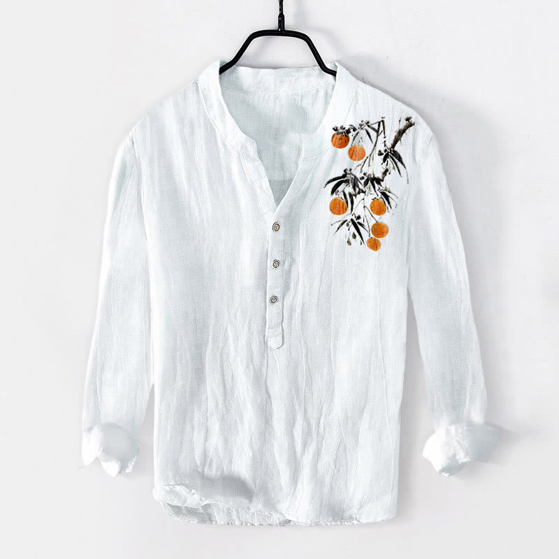 Buddha Stones da uomo in cotone e lino a maniche lunghe con elegante motivo di alberi d'arancio e bottoni a metà - Bianco - US/UK/AU50, EU60 (5XL) - image 3