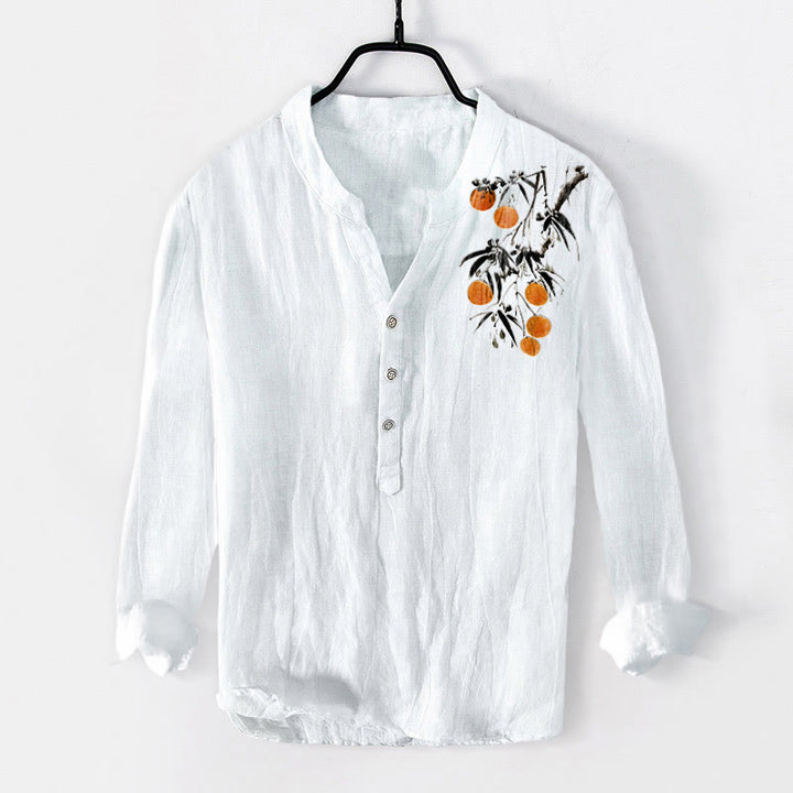 Buddha Stones da uomo in cotone e lino a maniche lunghe con elegante motivo di alberi d'arancio e bottoni a metà - Bianco - US/UK/AU50, EU60 (5XL) - image 3