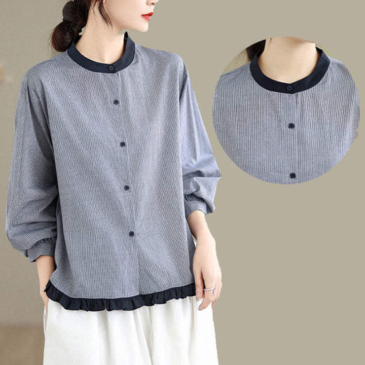 Camicia da donna in cotone a maniche lunghe con bottoni, motivo a quadri autunnali Buddha Stones, motivo a righe - image 13