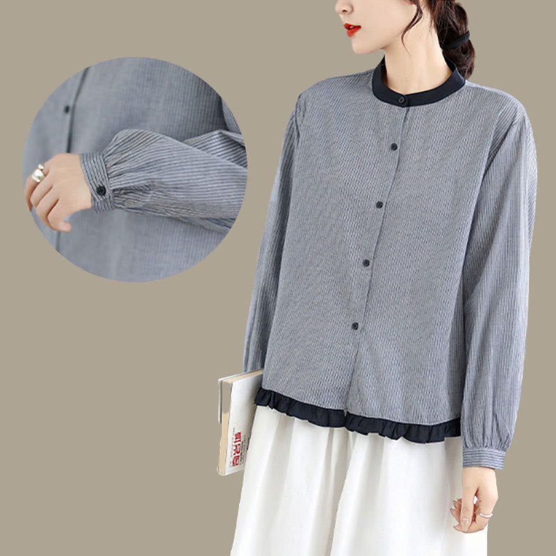 Camicia da donna in cotone a maniche lunghe con bottoni, motivo a quadri autunnali Buddha Stones, motivo a righe - image 14