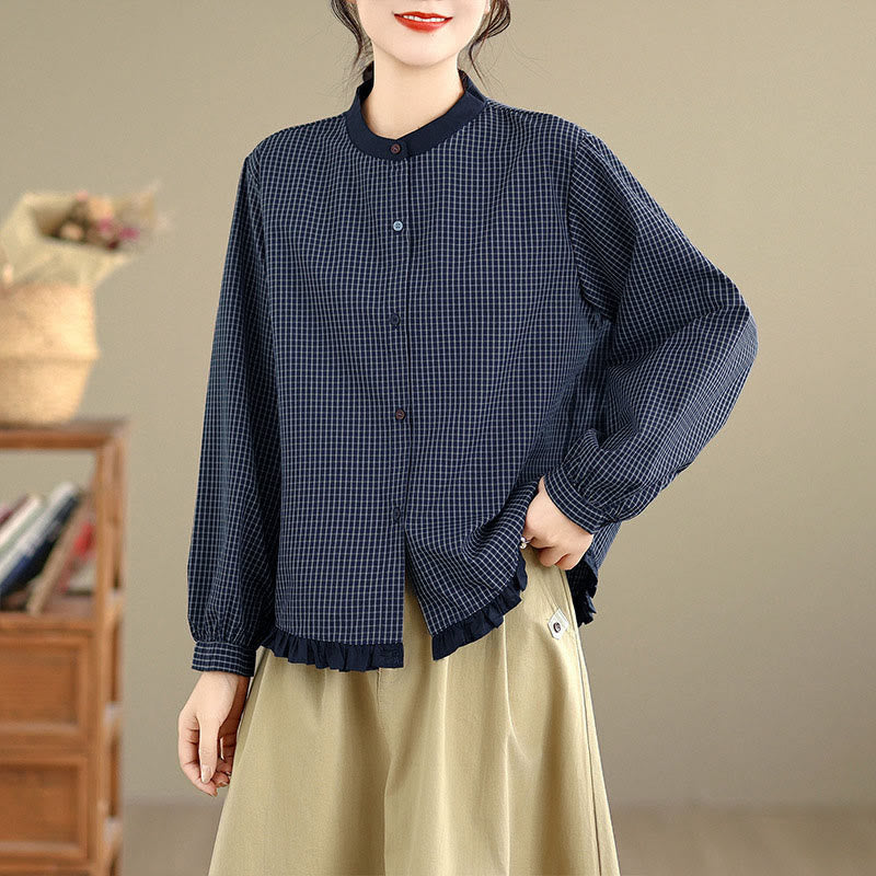 Camicia da donna in cotone a maniche lunghe con bottoni, motivo a quadri autunnali Buddha Stones, motivo a righe - Plaid blu notte - US8-10, UK/AU12-14, EU40-42 (2XL) - image 0