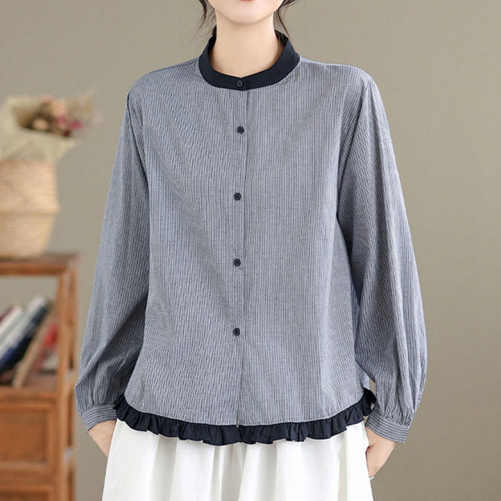 Camicia da donna in cotone a maniche lunghe con bottoni, motivo a quadri autunnali Buddha Stones, motivo a righe - image 10