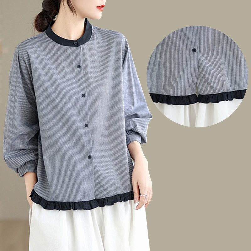 Camicia da donna in cotone a maniche lunghe con bottoni, motivo a quadri autunnali Buddha Stones, motivo a righe - image 15