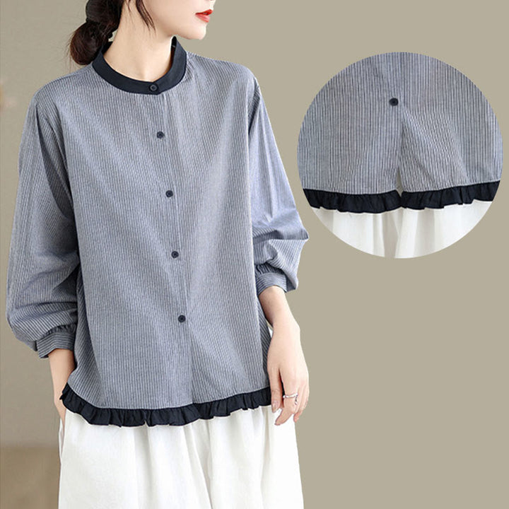 Camicia da donna in cotone a maniche lunghe con bottoni, motivo a quadri autunnali Buddha Stones, motivo a righe - image 15