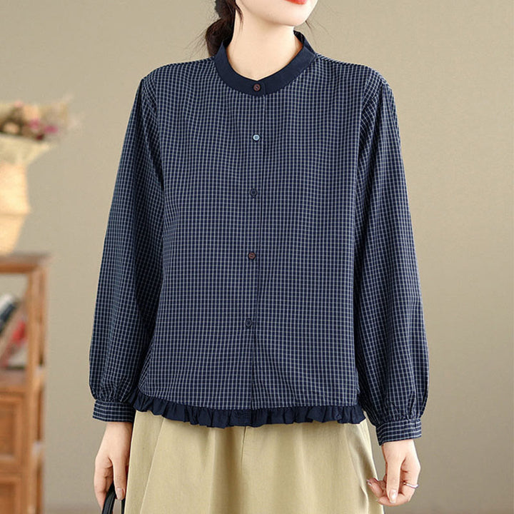 Camicia da donna in cotone a maniche lunghe con bottoni, motivo a quadri autunnali Buddha Stones, motivo a righe - image 3